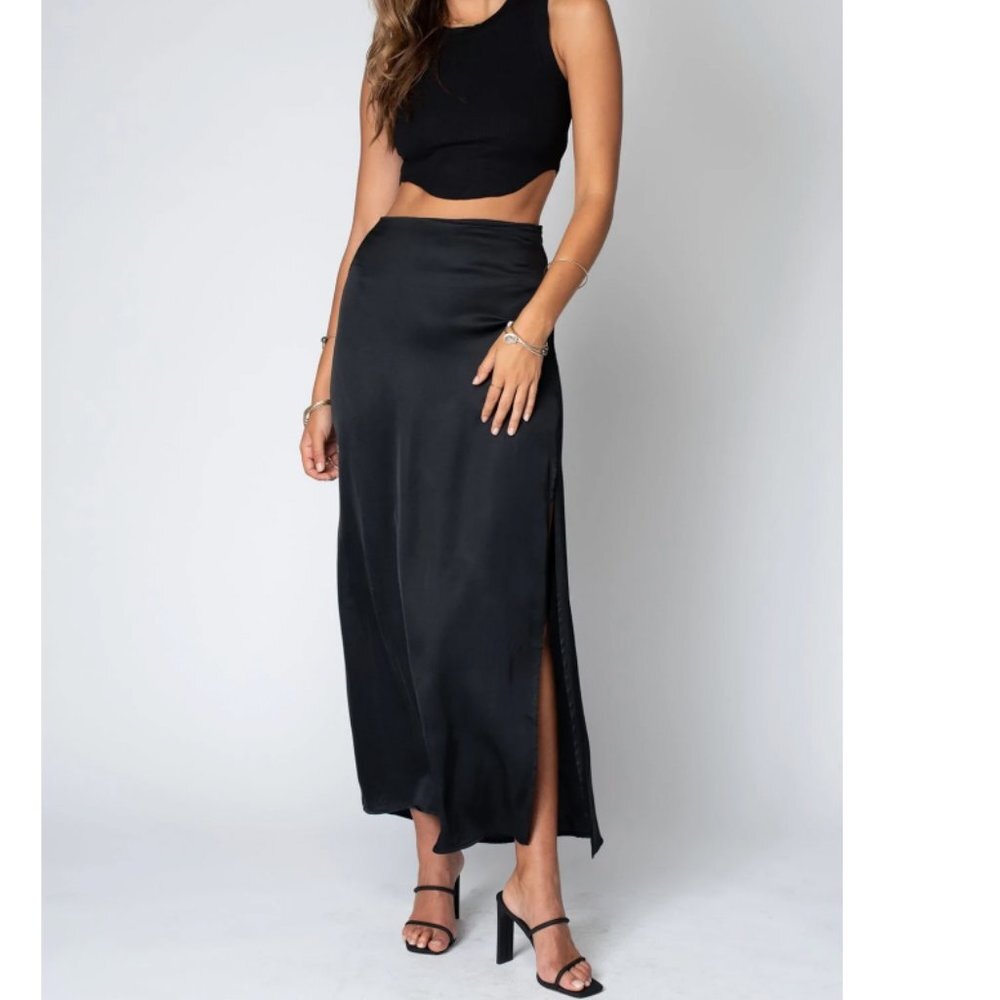 Black Maxi Satin Skirt with Side Slit